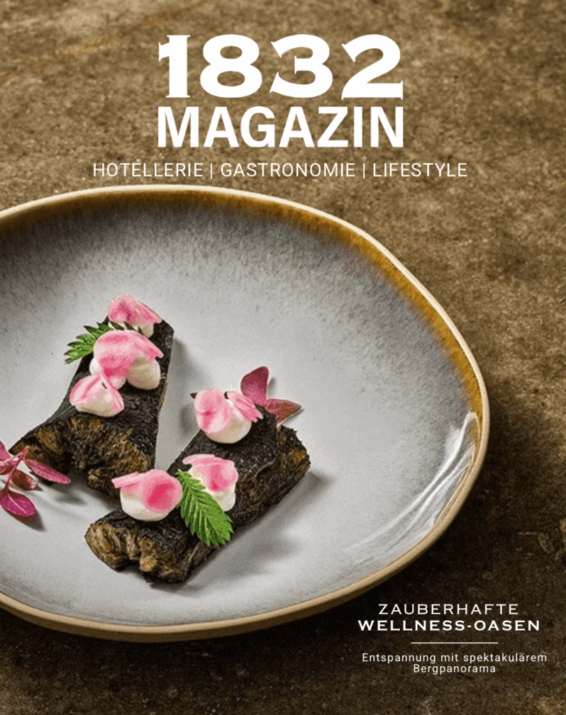 Cover des 1832 MAGAZINs Ausgabe 6 mit kreativ angerichtetem Gourmetgericht auf hellem Teller.