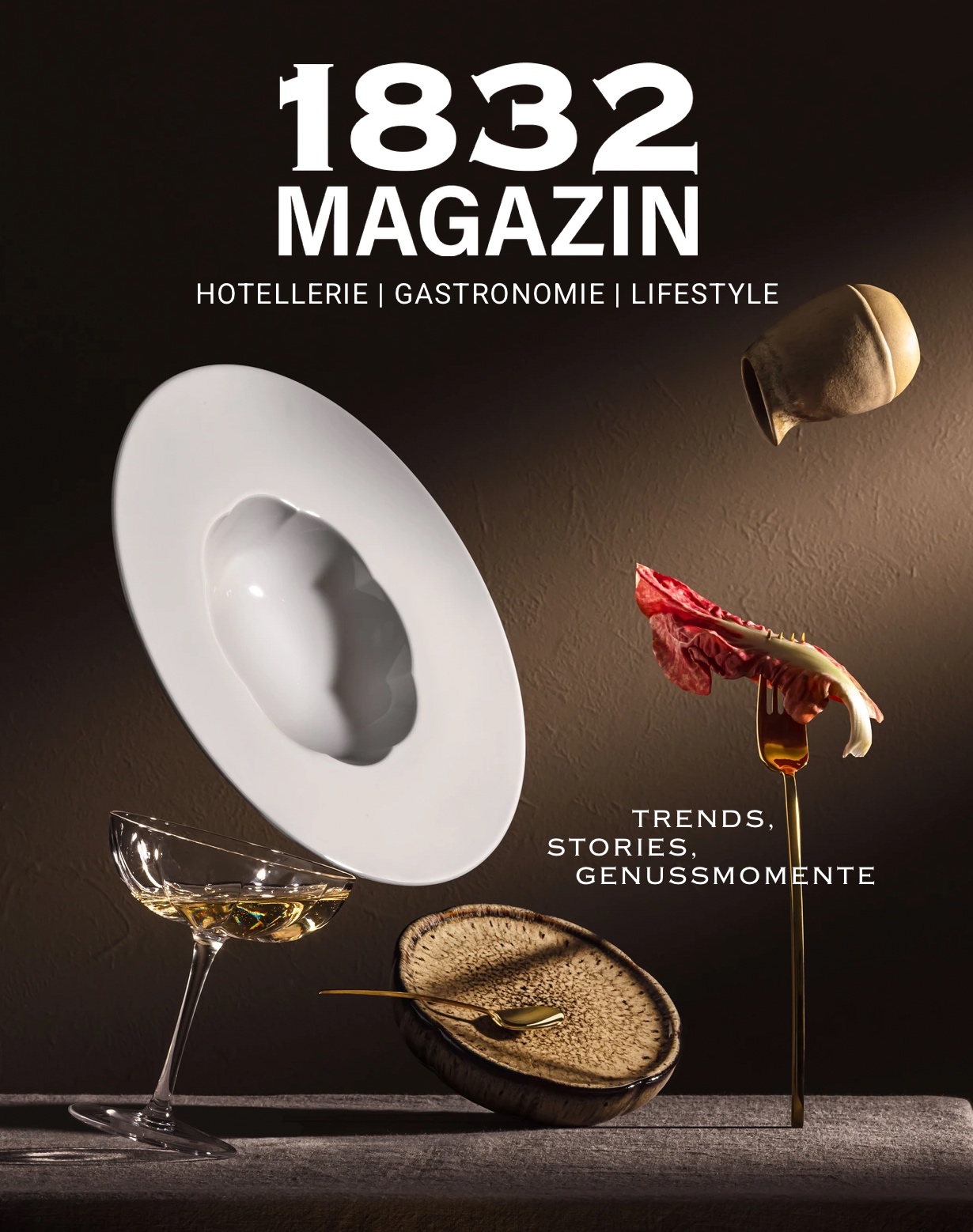 Cover des 1832 MAGAZINs
Ausgabe 7 mit modernem Food-Art-Stillleben und Cocktailglas.