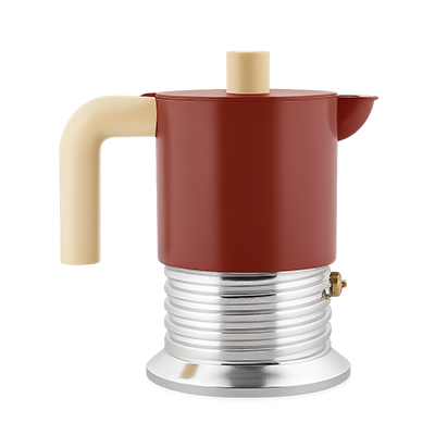 Moderner italienischer Espressokocher im Designstil mit braunem Korpus und Aluminiumfuß.